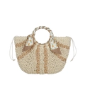 Contrast color straw handwoven bucket bag with floral silk scarf wrapped handle - Beige