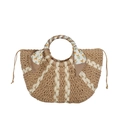 Handmade woven straw tote bag in beige and cream with round handle and floral scarf wrap - Khaki