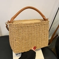 Bolso de paja trenzada beige con asas de cuero marrón y cremallera para estilo de vacaciones - Caqui - Sin Colgante