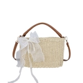 Bolso de paja beige con asas de cuero marrón y gran lazo de malla blanca con perlas - Beige + Lazo de Perlas y Malla