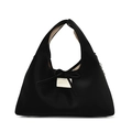 Sac à main trapèze élégant en satin noir avec nœud délicat et détail de chaîne en métal - Noir