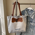 Bolso tote versátil de lona gris claro con parche de hueso marrón y bordado azul - Gris sin Colgante