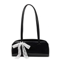 Bolso baguette minimalista de piel sintética negra con lazo de encaje blanco en la bandolera - Negro (Con Pañuelo de Seda)