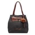 Bolso tote de lona gris oscuro con asas de cuero marrón y bolsillo en forma de hueso - Negro Té Oscuro + Llavero de Perro