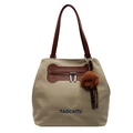 Bolso tote de lona caqui con correas de cuero marrón y lindo llavero de perro de felpa - Caqui Con Colgante De Cachorro