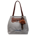 Bolso tote de lona gris con bolsillo de hueso marrón y colgante de perrito de peluche - Gris + Llavero de Perro