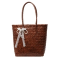 Borsa tote in paglia marrone scuro con trama intrecciata e ciondolo con fiocco - Marrone-Grande