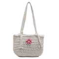 Handmade woven tote bag in cream white with pink floral accent and tassel detail - Off White