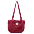 Handmade thick cord woven basket bag in deep raspberry pink with a 3D floral decoration - Rose Red