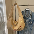Khaki bestickte Canvas Tragetasche mit großem Fassungsvermögen und Blumenmuster für den Alltag - Khaki - Ohne Anhänger