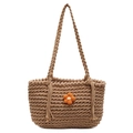 Knitted summer tote bag with woven flower and tassels for beach vacations - Khaki