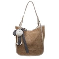 Borsa tote in paglia marrone naturale con finiture in pelle crema e ciondolo morbido - Stile Pendaglio Pompon / Bianco Sporco