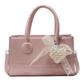 Pink leather crossbody bag with top handles, lace bow and pearl heart charm accessory - Without Pendant / Pink