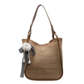 Borsa tote in paglia intrecciata marrone chiaro con cinturini in pelle e ciondolo peluche - Stile Pendaglio Pompon / Cachi