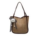Grande borsa tote in paglia intrecciata con manici in pelle marrone e ciondolo morbido - Stile Pendaglio Pompon / Marrone