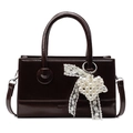 Dark brown faux leather square handbag with pearl heart charm and lace bow decor - Brown
