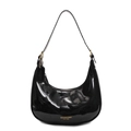Polished black patent leather saddle bag with gold logo lettering and shoulder strap - Black