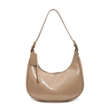 Glossy khaki patent leather hobo shoulder bag with adjustable strap and metal buckle - Khaki