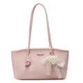 Pink snake-textured shoulder bag with pearl heart charm and lace bow detail - With Pendant / Pink