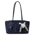 Navy blue snake texture leather tote bag with heart pearl charm and shoulder straps - Sapphire Blue