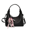 Minimalist black oil wax leather crescent handbag with pearl bow charm and shoulder strap - Black