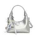 Minimalist silver oil wax leather handbag with pearl bow charm and crossbody strap - Silver