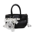 Chic black litchi texture handbag with silver chain and elegant pearl lace bow charm - Black With Pearl Bow Decoration