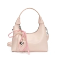 Pink crescent handbag in oil wax leather with plaid bow and pearl heart charms - Pink