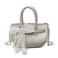 Mini cream bucket bag with lychee texture, lace bow, pearl charms and silver chain strap - Champagne With Pearl Bow Decoration