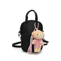 Chic black litchi leather mini phone bag featuring a cute pink teddy bear pendant charm - Black + Pink Sweater Bear