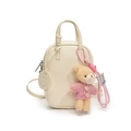 Creamy lychee leather mini crossbody bag with cute teddy bear charm and top handle - Off-White With Pink Sweater Bear