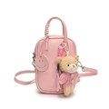 Pink lychee texture mini crossbody bag with a cute plush bear and smiley charm - Pink + Pink Sweater Bear