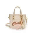 Sac seau blanc cassé chic avec imprimé lettres et pendentif tissé à breloques dorées - Blanc Avec Charme Boulier Raquette