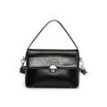 Glossy black leather square handbag with silver round twist lock and slender top handle - Black