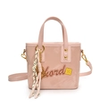 Sac seau en cuir rose avec imprimé lettres, motifs floraux et accessoires de charme tissés - Rose Avec Pendentif Boulier Or Raquette Nœud
