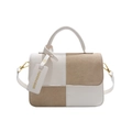 Minimalist square tote bag in cream and khaki patchwork leather with top handle - Khaki