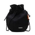 Japanese casual black canvas drawstring bucket bag with Lucky patch and orange label - Black