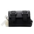 Chic black litchi pattern crossbody bag with pearl handle and lace bow detail - With Pendant / Black