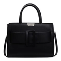 Classic black leather tote bag with lychee texture and silver buckle for women - Black