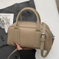 Beige Boston handbag in lychee leather texture with dual handles and long shoulder strap - Khaki - Without Pendant