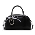 Minimalist black lychee leather Boston bag with heart charm and white bow decoration - Black With Beaded Heart Ribbon