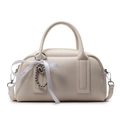 Chic cream white Boston handbag with lychee texture and heart bead ribbon charm - Cream White With Beaded Heart Ribbon