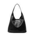 Grande borsa tote nera da donna con trama intrecciata ed elegante tracolla in pelle - Nero