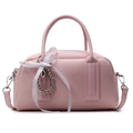 Elegant light pink Boston handbag with lychee texture and ribbon accessory for women - Pink With Beaded Heart Ribbon