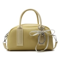 Elegant pale yellow Boston bag in lychee leather with a white ribbon bow and heart charm - Yellow With Beaded Heart Ribbon