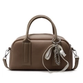 Elegant khaki Boston handbag with lychee pattern and silk ribbon pendant detail - Khaki With Beaded Heart Ribbon