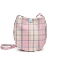 Crossbody bag in pink plaid fabric with a blue button closure and rounded U-shape - Pink Grid