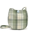 Green and white plaid crossbody saddle bag with light blue button closure and cloth strap - Green Plaid