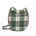 Student crossbody egg bag with green and white plaid pattern and ivory button closure - Red Green Checkered