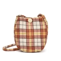 Classic brown and yellow plaid fabric crossbody bag with vintage white button detail - Orange Grid